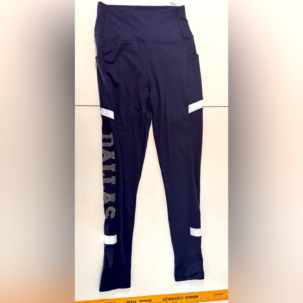 NWT Blue Women’s Leggings, high waist Women's MED DALLAS Bling Down The Side